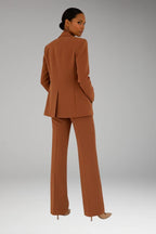 Brown Women's Tailored Blazer Pantsuit — Liana Structured Straight-Leg Two-Piece - Back Full View