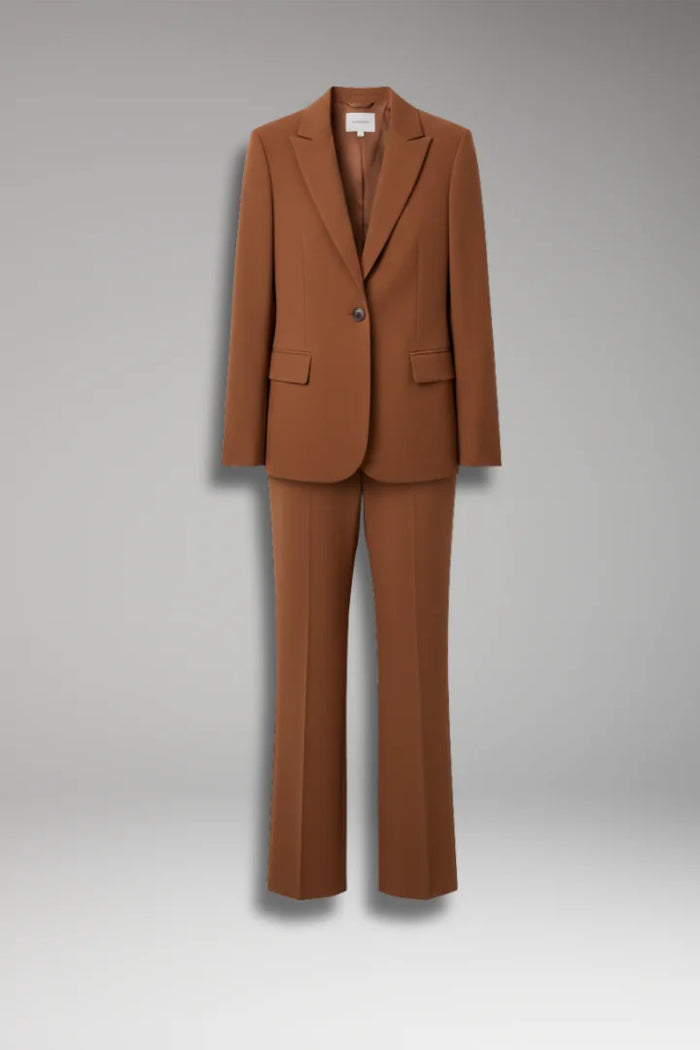 Brown Women's Tailored Blazer Pantsuit — Liana Structured Straight-Leg Two-Piece - Flat Lay Front