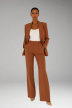 Brown Women's Tailored Blazer Pantsuit — Liana Structured Straight-Leg Two-Piece - Front Full Hands Pockets