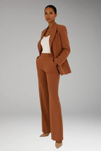 Brown Women's Tailored Blazer Pantsuit — Liana Structured Straight-Leg Two-Piece - Side Angle Pose