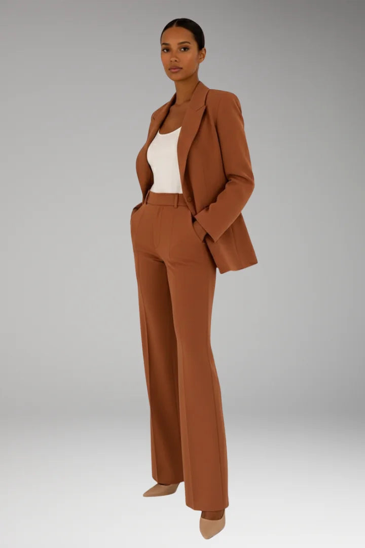 Brown Women's Tailored Blazer Pantsuit — Liana Structured Straight-Leg Two-Piece - Side Angle Pose