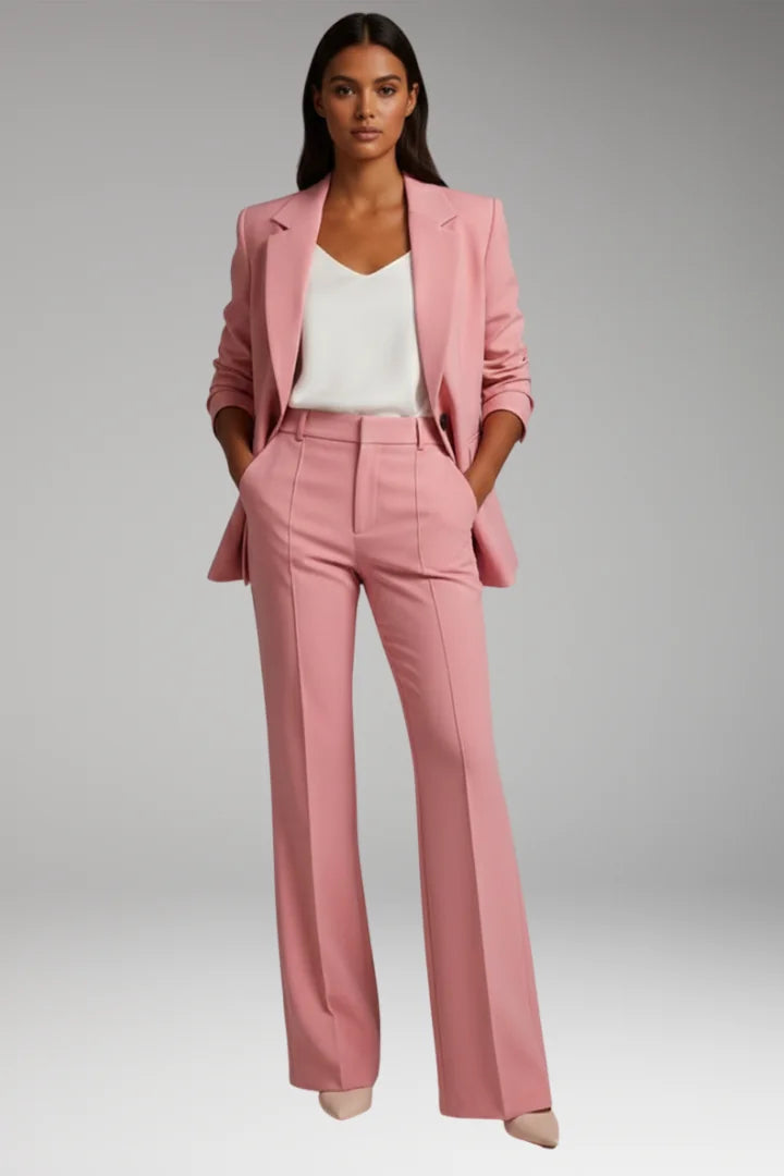 Pink Women's Tailored Blazer Pantsuit — Liana Structured Straight-Leg Two-Piece - Front Full Rolled Sleeves