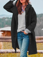 Black Women's Structured Hooded Coat with Button Front & Side Pockets — Emma