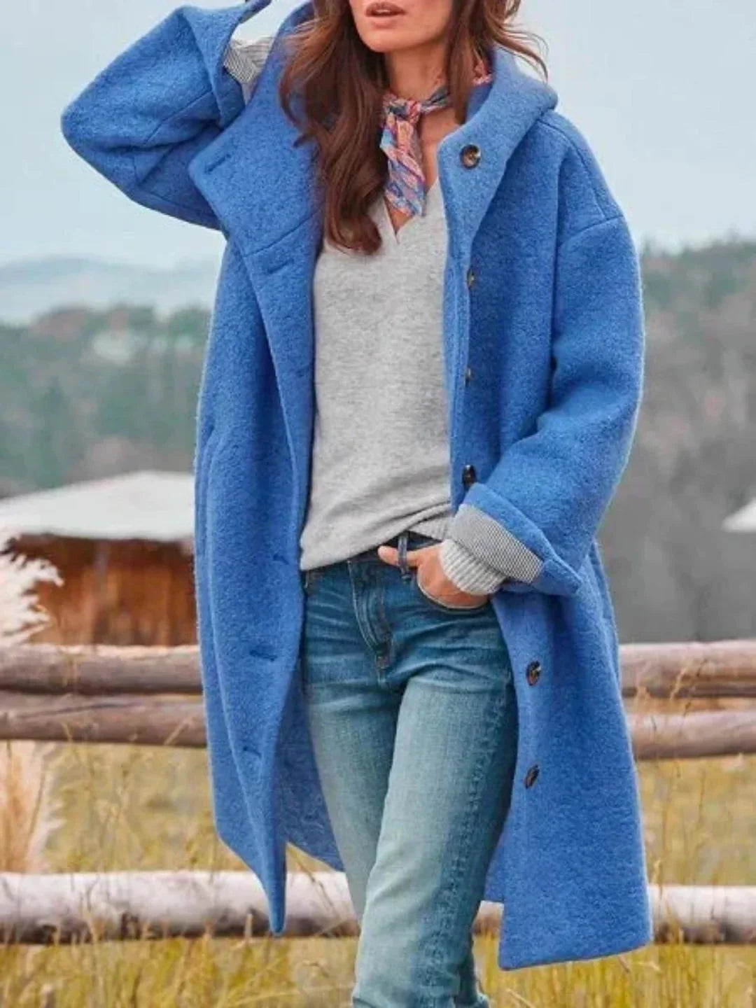 Blue Women's Structured Hooded Coat with Button Front & Side Pockets — Emma
