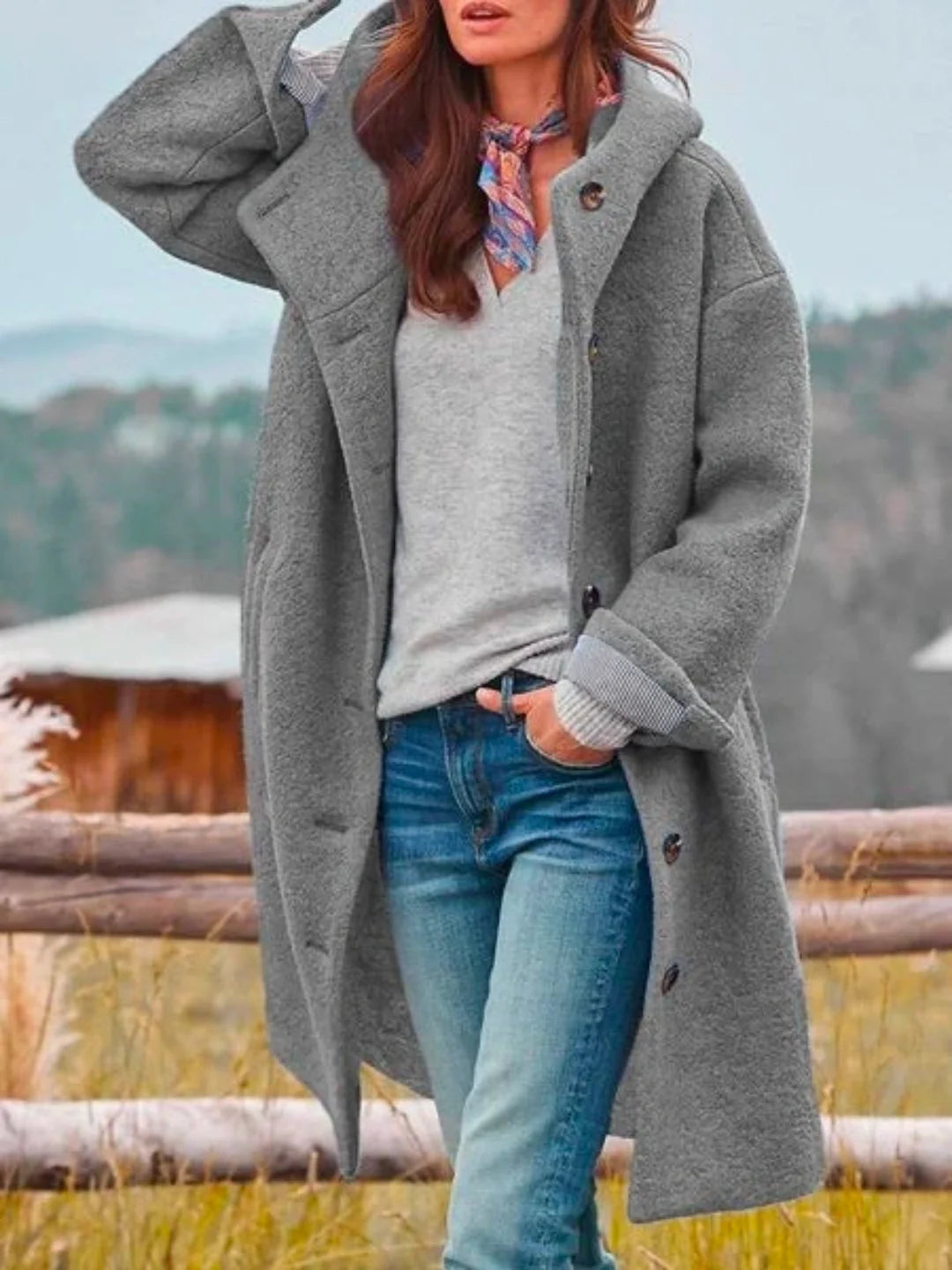 Grey Women's Structured Hooded Coat with Button Front & Side Pockets — Emma