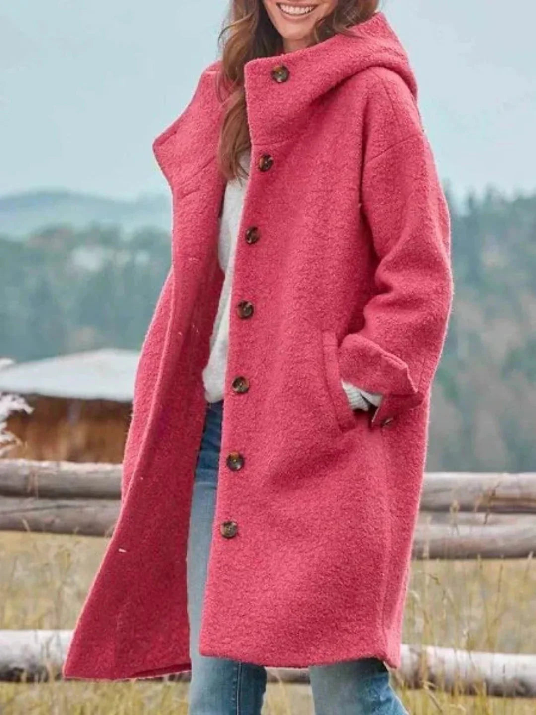 Pink Women's Structured Hooded Coat with Button Front & Side Pockets — Emma
