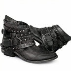 Black Women's Studded Ankle Boots with Buckle Straps & Chain Accents