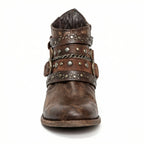Women's Studded Ankle Boots with Buckle Straps & Chain Accents - Front Close Up