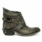 Green Women's Studded Ankle Boots with Buckle Straps & Chain Accents