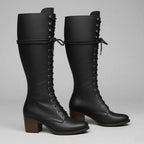 Women's Studded Knee High Boots with Lace-Up Front & Comfortable Block Heel - Angled Pose