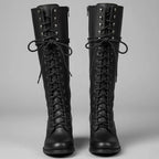 Black Women's Studded Knee High Boots with Lace-Up Front & Comfortable Block Heel - Front Full