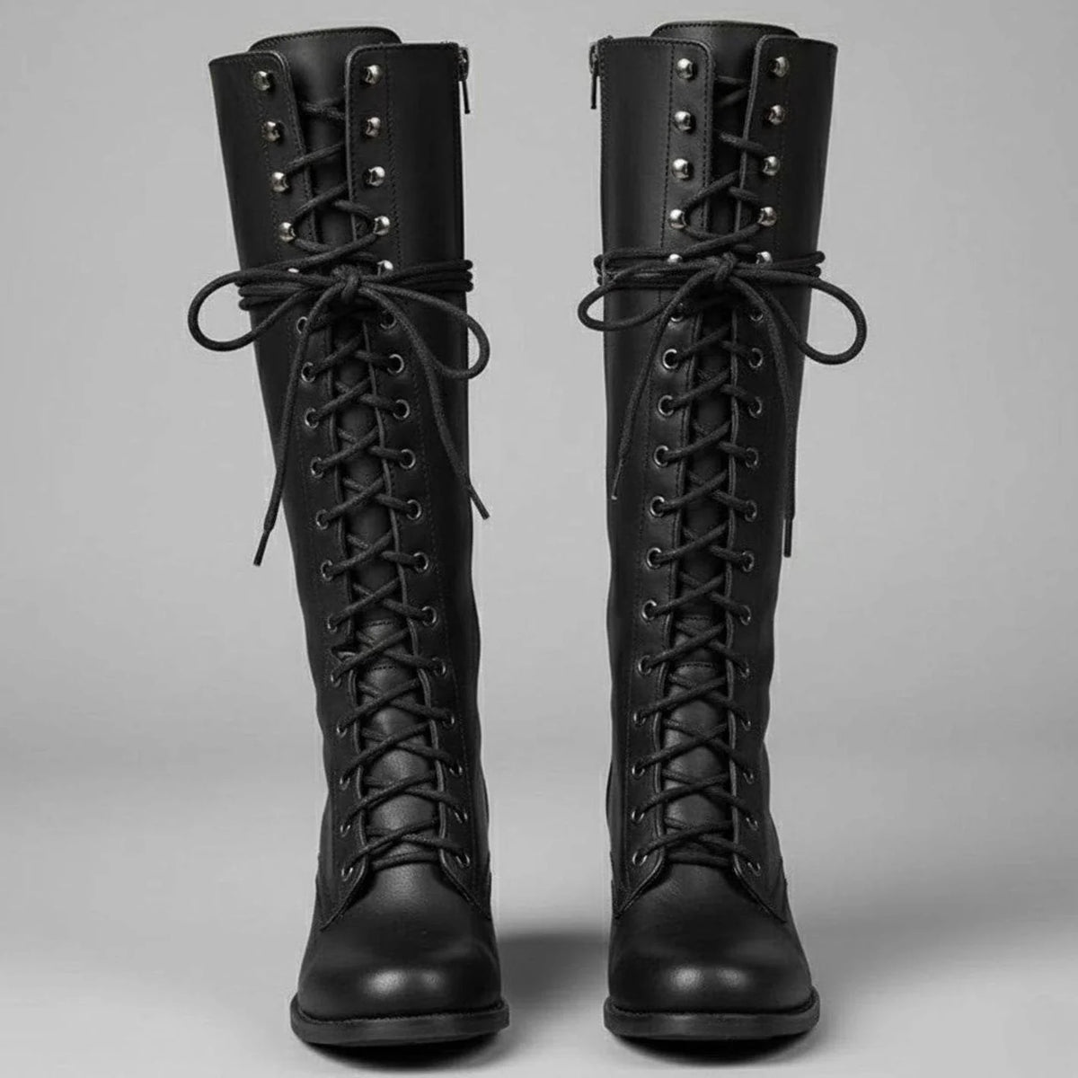 Black Women's Studded Knee High Boots with Lace-Up Front & Comfortable Block Heel - Front Full