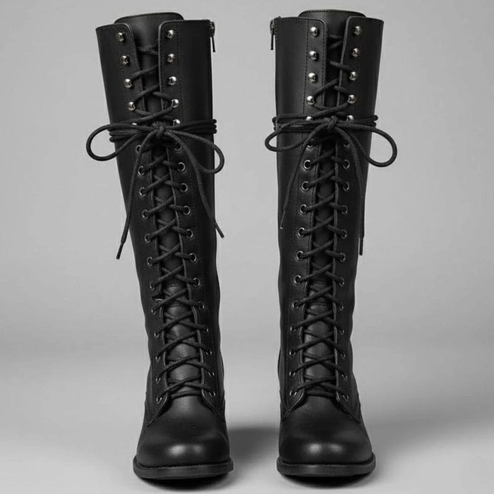 Black Women's Studded Knee High Boots with Lace-Up Front & Comfortable Block Heel - Front Full