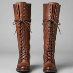 Brown Women's Studded Knee High Boots with Lace-Up Front & Comfortable Block Heel - Front Detail
