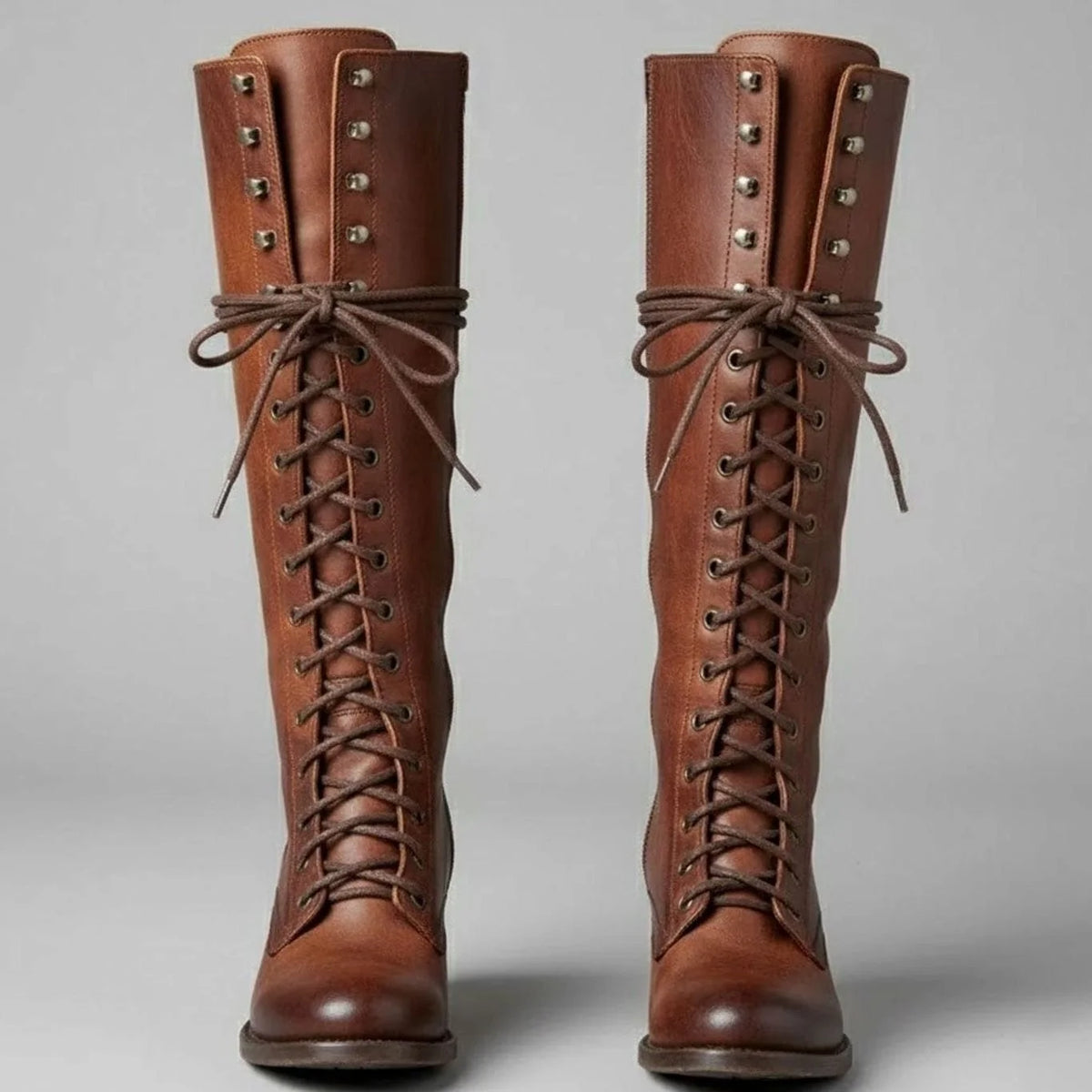 Brown Women's Studded Knee High Boots with Lace-Up Front & Comfortable Block Heel - Front Detail