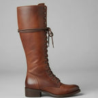 Women's Studded Knee High Boots with Lace-Up Front & Comfortable Block Heel - Side Profile
