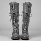 Grey Women's Studded Knee High Boots with Lace-Up Front & Comfortable Block Heel - Front Pair