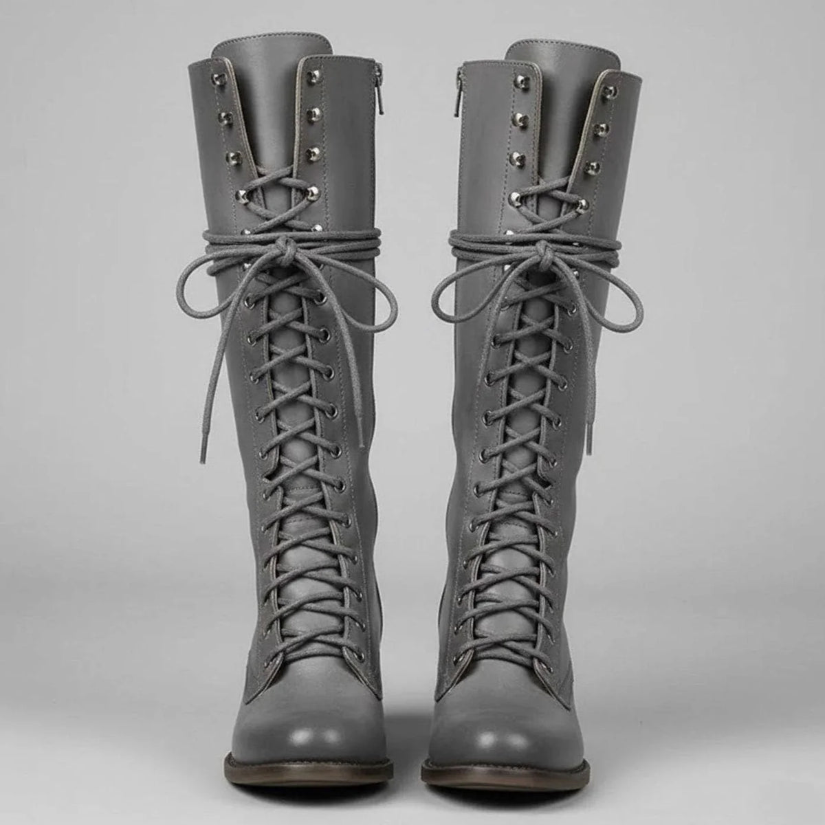 Grey Women's Studded Knee High Boots with Lace-Up Front & Comfortable Block Heel - Front Pair