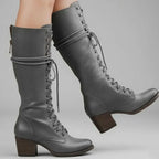 Women's Studded Knee High Boots with Lace-Up Front & Comfortable Block Heel - Worn Lifestyle