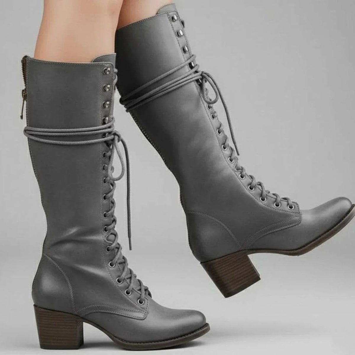 Women's Studded Knee High Boots with Lace-Up Front & Comfortable Block Heel - Worn Lifestyle