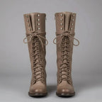 Khaki Women's Studded Knee High Boots with Lace-Up Front & Comfortable Block Heel - Front Studio