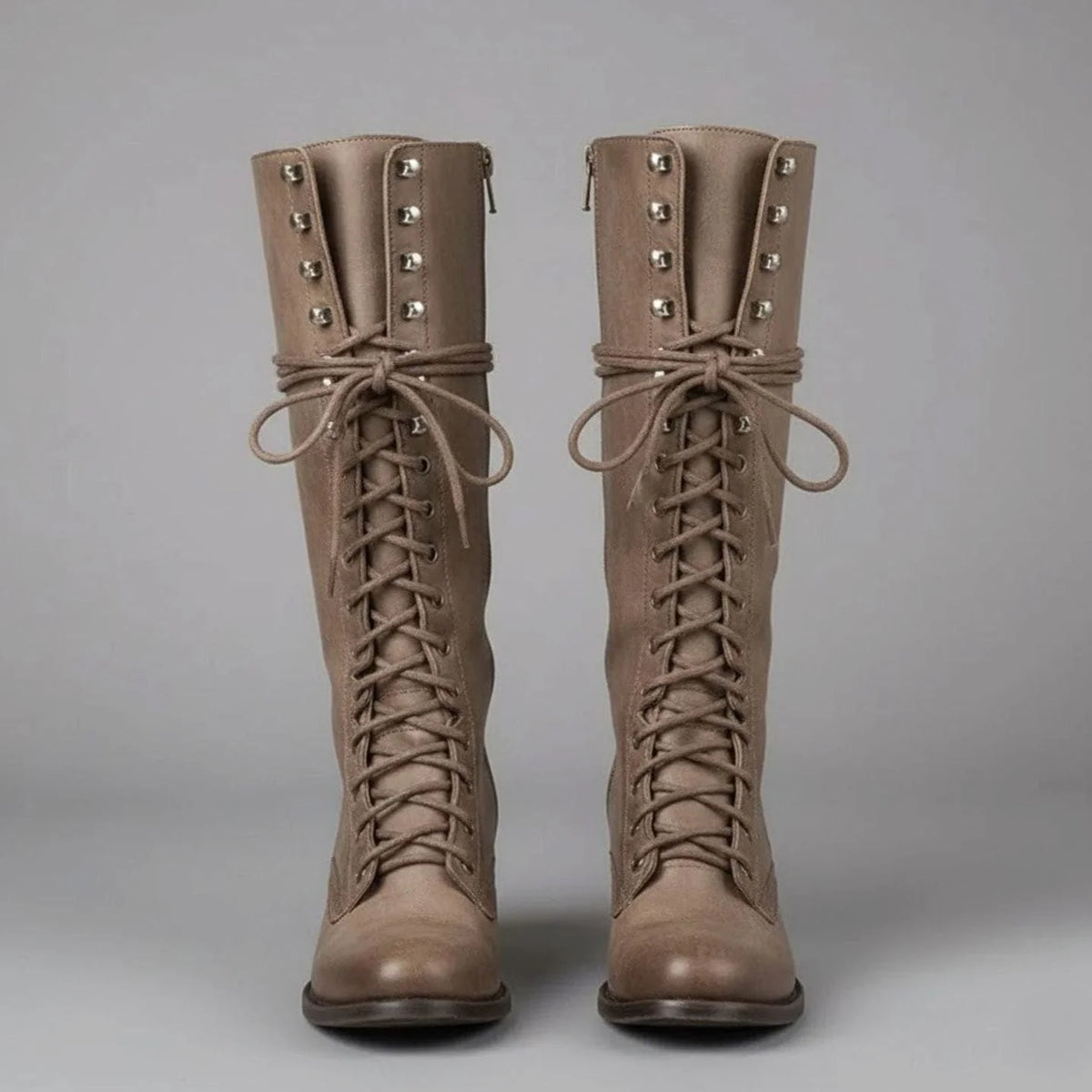 Khaki Women's Studded Knee High Boots with Lace-Up Front & Comfortable Block Heel - Front Studio
