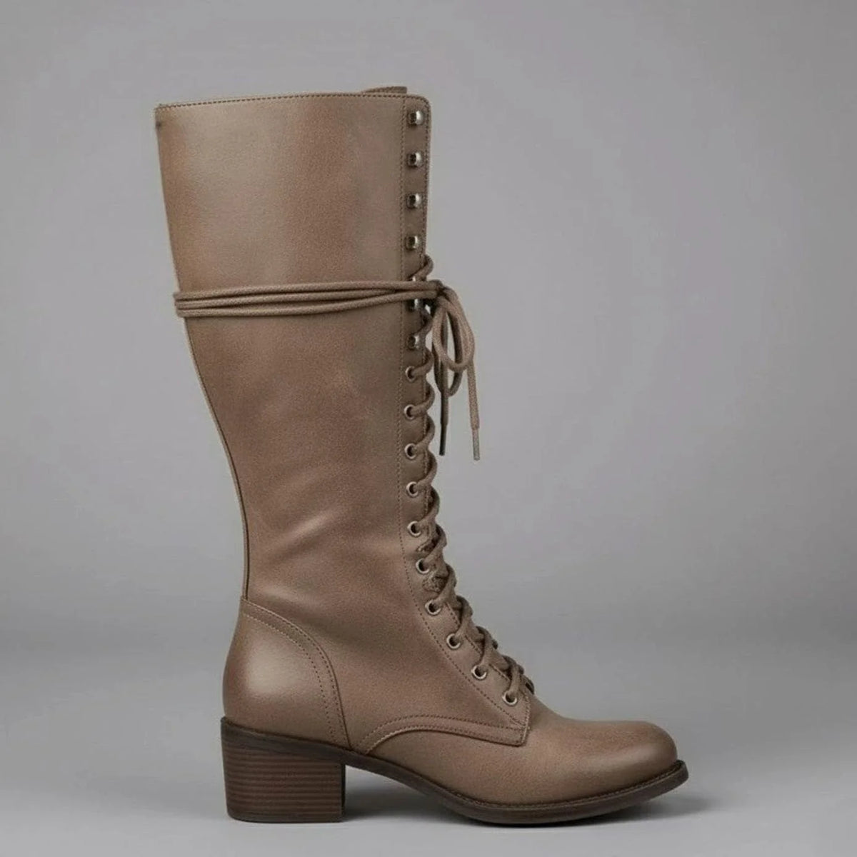 Women's Studded Knee High Boots with Lace-Up Front & Comfortable Block Heel - Side Single