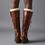 Women's Studded Knee High Boots with Lace-Up Front & Comfortable Block Heel - Brown Worn Back