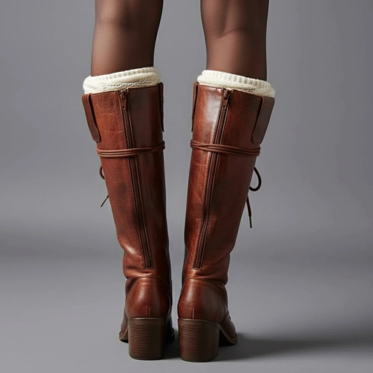 Women's Studded Knee High Boots with Lace-Up Front & Comfortable Block Heel - Brown Worn Back