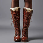 Red Brown Women's Studded Knee High Boots with Lace-Up Front & Comfortable Block Heel - Worn Front