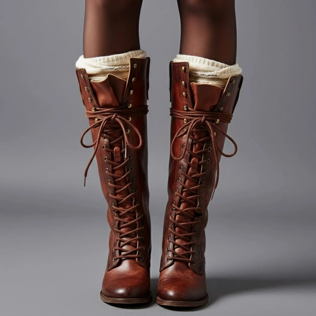 Red Brown Women's Studded Knee High Boots with Lace-Up Front & Comfortable Block Heel - Worn Front