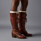 Women's Studded Knee High Boots with Lace-Up Front & Comfortable Block Heel - Brown Worn Walking