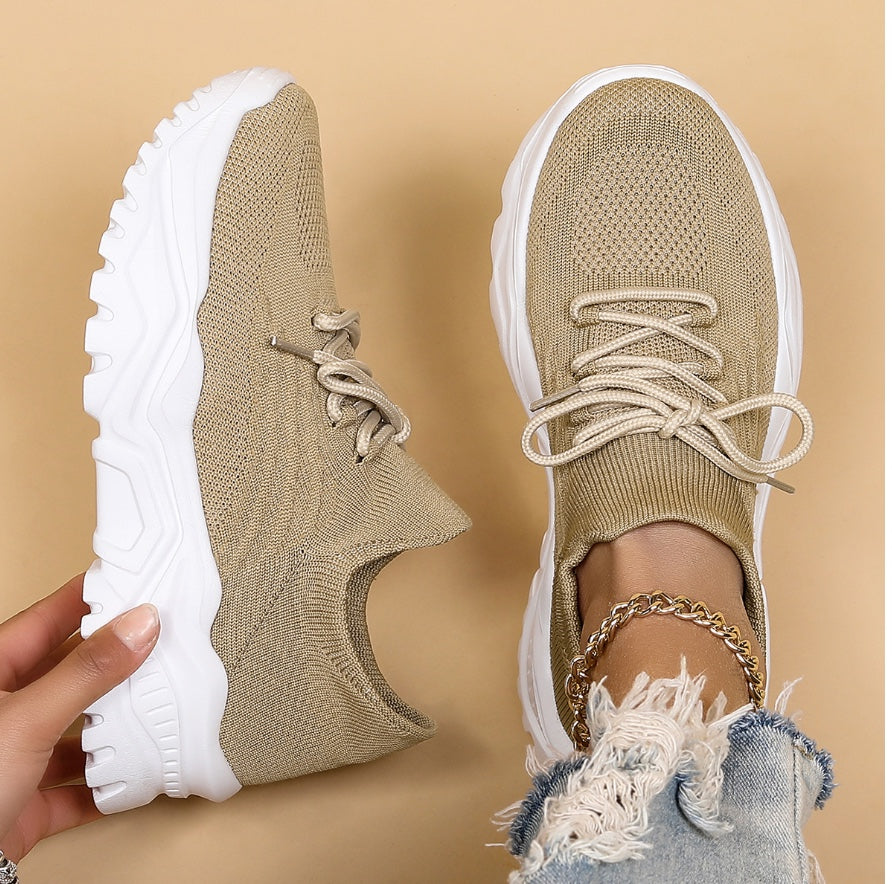 Beige Women's Chunky Platform Sneakers — Heidi Everyday Cushioned Lace-Up