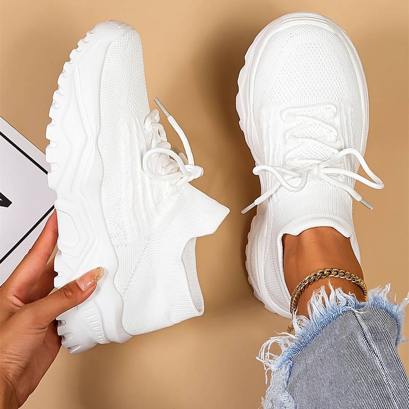 White Women's Chunky Platform Sneakers — Heidi Everyday Cushioned Lace-Up