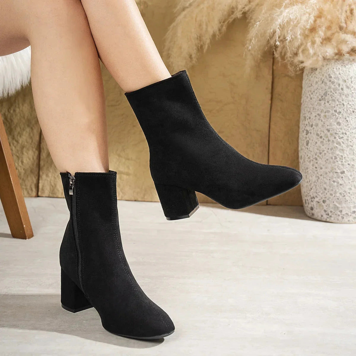 Black Women's Suede Ankle Boots with Block Heel & Cushioned Insole - Front Full