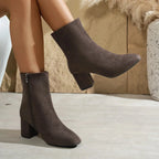 Dark Brown Women's Suede Ankle Boots with Block Heel & Cushioned Insole - Leg Up Pose