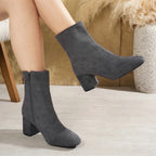 Gray Women's Suede Ankle Boots with Block Heel & Cushioned Insole - Leg Extended Pose