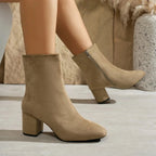 Khaki Women's Suede Ankle Boots with Block Heel & Cushioned Insole - Cross Leg Pose