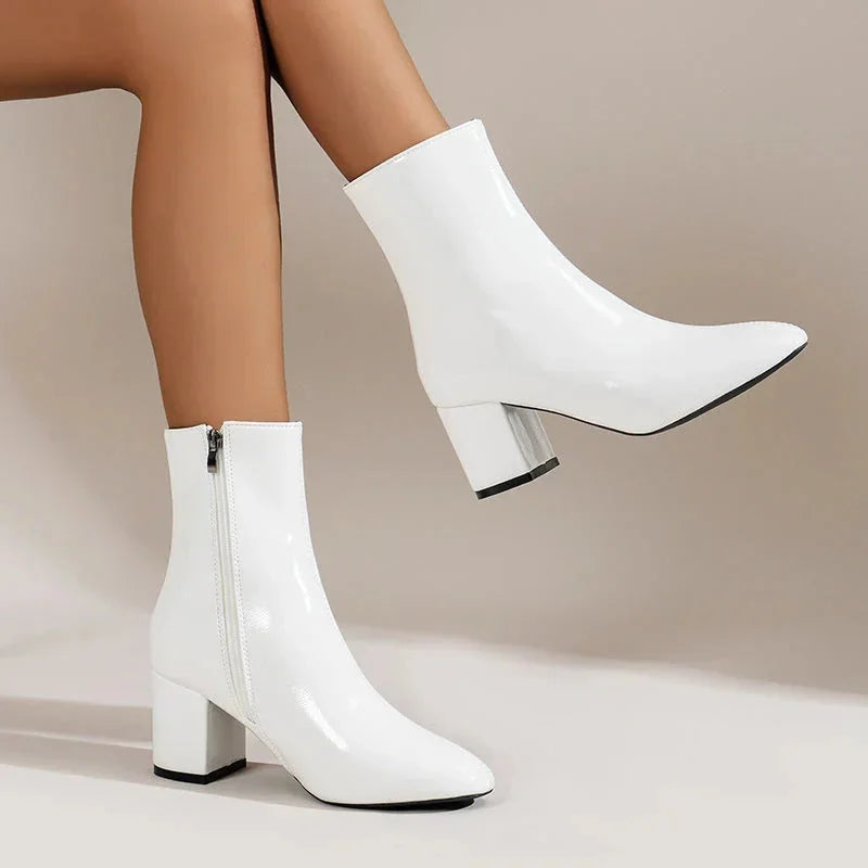 White Women's Suede Ankle Boots with Block Heel & Cushioned Insole - Dangling Foot
