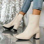 Beige Women's Suede Ankle Boots with Block Heel & Cushioned Insole - Side Walking Jeans