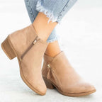 Beige Women's Suede Ankle Boots — Tamsin Zip-Up Block Heel Pointed Toe - Side Profile Studio
