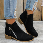 Black Women's Suede Ankle Boots — Tamsin Zip-Up Block Heel Pointed Toe - Front Full Standing
