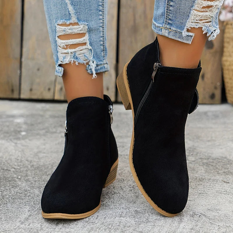 Black Women's Suede Ankle Boots — Tamsin Zip-Up Block Heel Pointed Toe - Front Standing Close