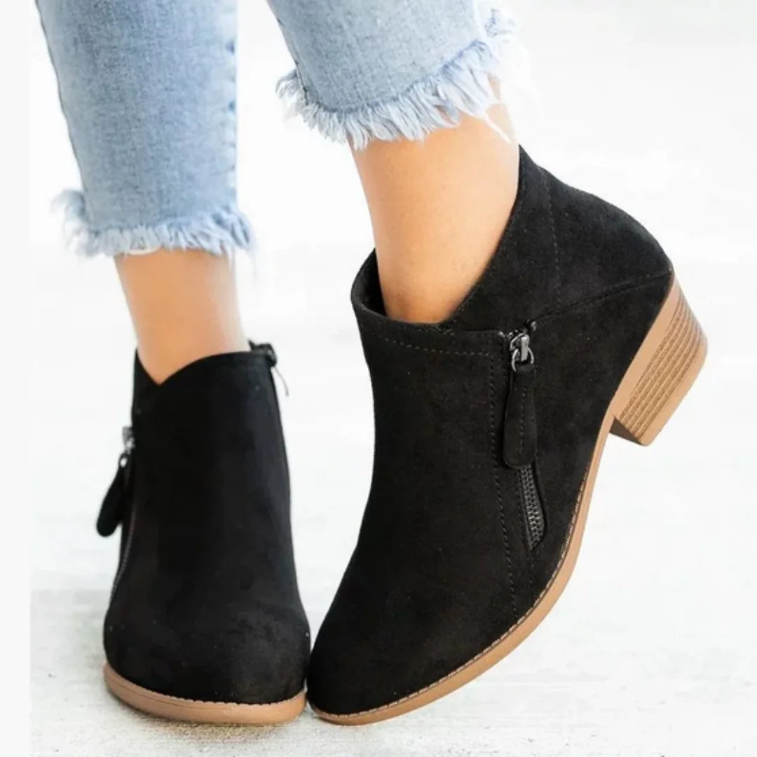 Black Women's Suede Ankle Boots — Tamsin Zip-Up Block Heel Pointed Toe - Tiptoe Side Studio