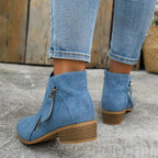 Blue Women's Suede Ankle Boots — Tamsin Zip-Up Block Heel Pointed Toe - Back Heel Detail