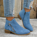 Blue Women's Suede Ankle Boots — Tamsin Zip-Up Block Heel Pointed Toe - Front Full Worn