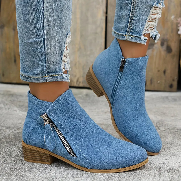 Blue Women's Suede Ankle Boots — Tamsin Zip-Up Block Heel Pointed Toe - Front Full Worn