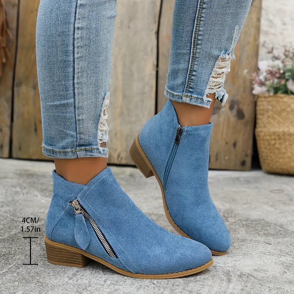 Blue Women's Suede Ankle Boots — Tamsin Zip-Up Block Heel Pointed Toe - Measurement Detail