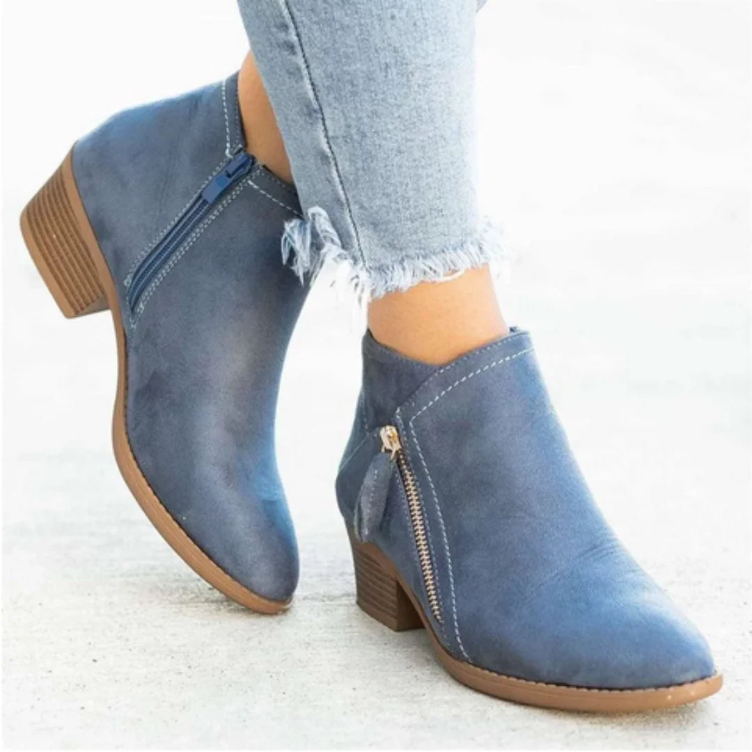 Blue Women's Suede Ankle Boots — Tamsin Zip-Up Block Heel Pointed Toe - Pair Crossed Studio