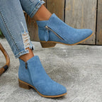 Blue Women's Suede Ankle Boots — Tamsin Zip-Up Block Heel Pointed Toe - Seated Worn Lifestyle